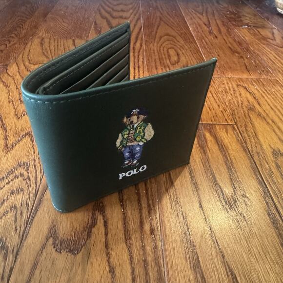 Polo Ralph Lauren Bifold Billfold Wallet Green Leather Preppy Bear Jacket - Picture 7 of 13